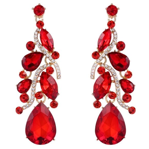 Yellow Gold with Ruby Red Austrian Crystal Teardrop Chandelier Post Earrings - Picture 1 of 5
